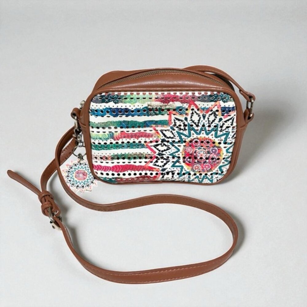 Desigual Charlotte Shoulder Bag Marine Print Perforated Brown Faux Leather Boho